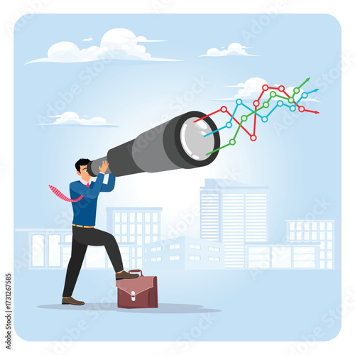 Analyze future opportunity. Businessman Looking Through a Telescope as Stock Market Graphs Rise.