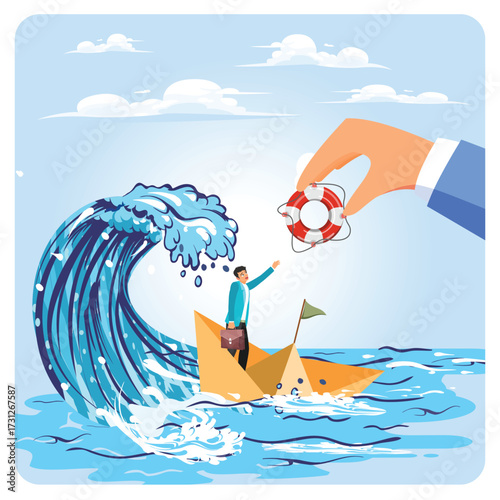 Rescue business from crisis. Businessman on a Paper Boat Reaches for Lifebuoy.