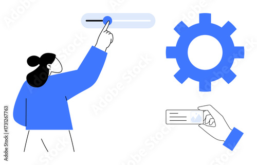 Person interacts with slider, large gear icon, and hand holds ID card. Ideal for user settings, identification, system adjustment, configuration, technology, identity management technical control