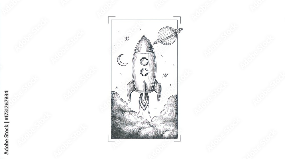 Obraz premium Pencil sketch of a rocket launching into space through clouds, moon, stars, planet