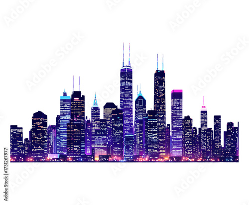 Purple Neon Skyscraper Silhouette with Transparent Background, Futuristic Cityscape Illustration