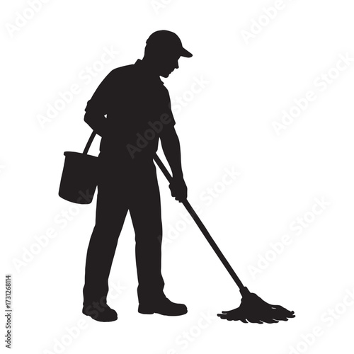 Silhouette of cleaner mopping floor with bucket and mop