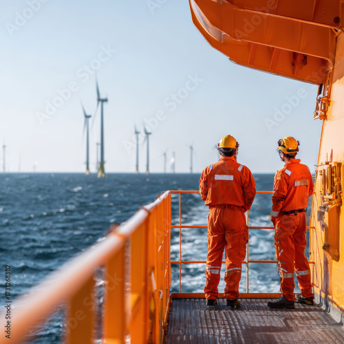 Construction Industry Engineers monitor windturbine construction activity near energy structures. The industry becomes an active worksite for heavy industry.