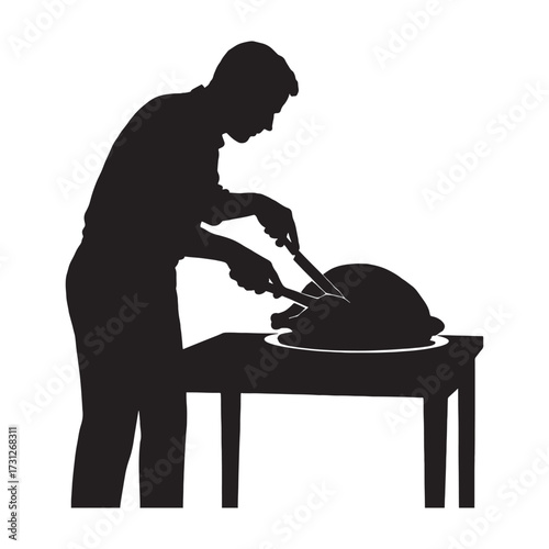 Silhouette chef carving roasted turkey meal preparation kitchen scene