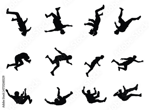 boy teen falling set collection pack bundle black shape icon silhouette vector flat illustration design on white background