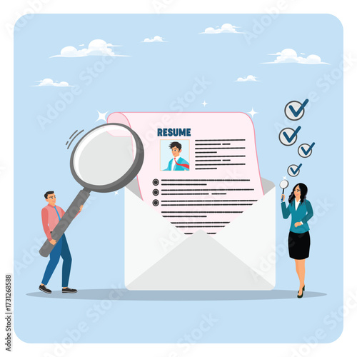 Review candidate resume concept. Resume Review With Magnifying Glass And Checklists In An Envelope.