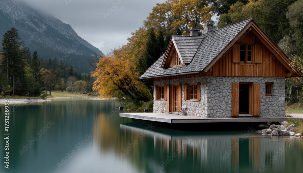 Naklejka premium Beautiful log cabin with stone walls and wooden roof sits by calm lake, surrounded by autumn trees and mountain landscape, peaceful atmosphere