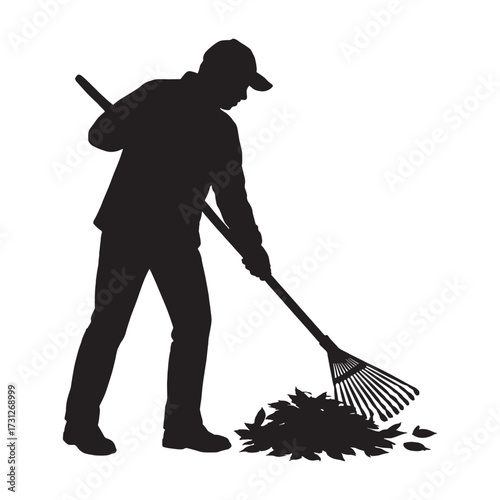 Gardener silhouette raking autumn leaves outdoors activity scene