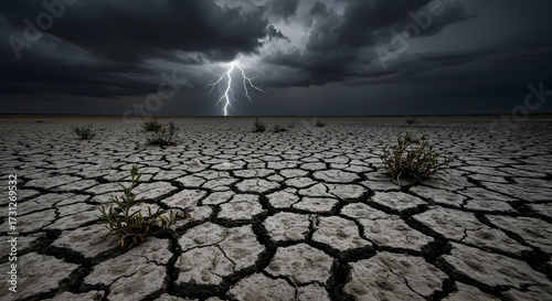 Striking lightning over parched cracked earth under a menacing storm sky, symbolizing drought, climate change, and environmental crisis.