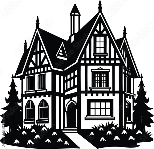 Charming tudor style house, nestled amidst lush greenery, showcasing a blend of architectural elegance and natural beauty