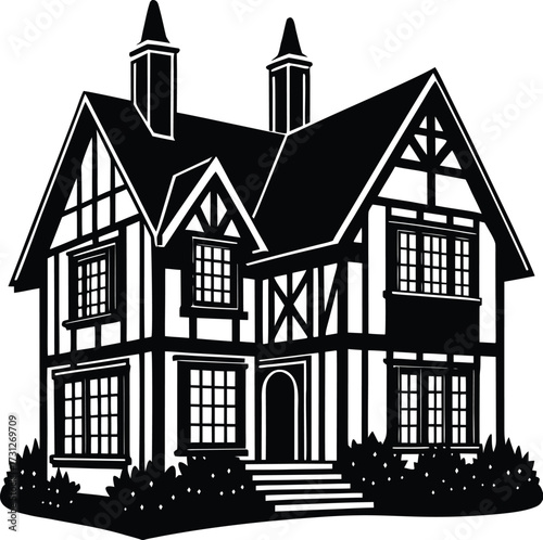 Illustration of a tudor style house, showcasing its architectural details and charm in a simple yet elegant design