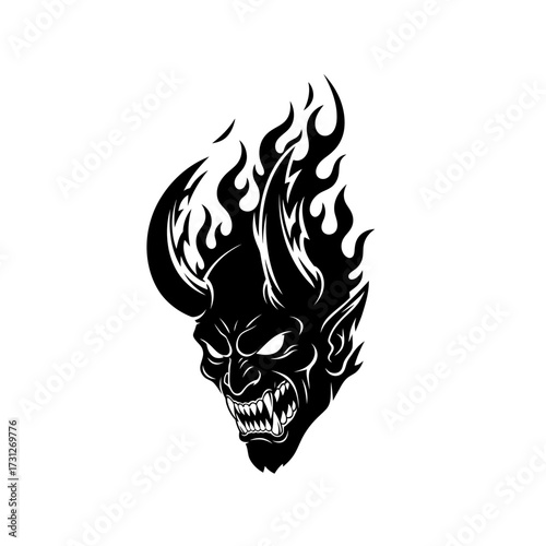 Black Silhouette of a Fiery Devil Head with Sharp Teeth and Horns