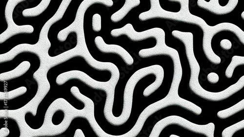 Abstract black and white pattern with organic shapes and fluid lines.
