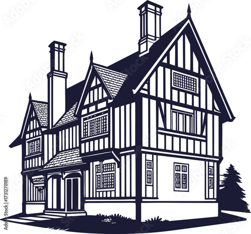 Detailed illustration of a tudorstyle house featuring its characteristic timber framing, steep gables, and inviting entrance