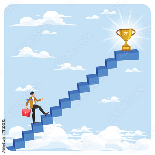 Small steps to success concept. Businessman Climbing Blue Staircase Toward Trophy of Success.