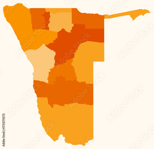 Map of Namibia with regions. Just a simple country border map with region division. Orange color palette. Plain Republic of Namibia shape with administrative division. Vector illustration.