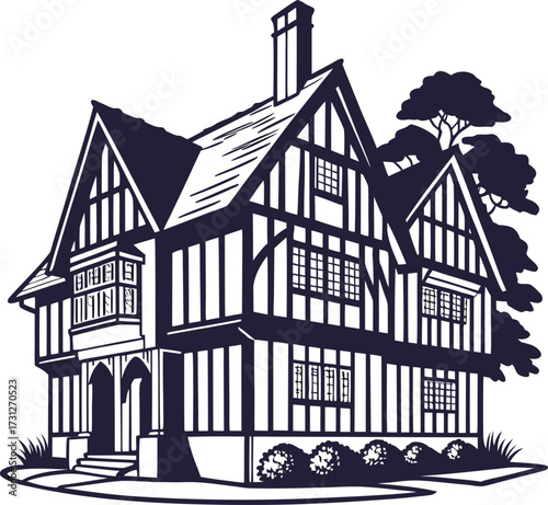 Monochrome illustration of a tudor style house, showcasing its architectural design, timber framing, and classic residential appeal