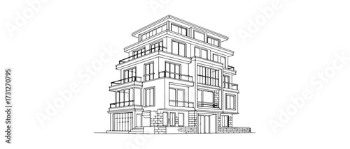 Architectural Drawing of Modern Multi Story Building Facade with Balconies and Windows Detailed Illustration