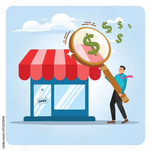 Business evaluation concept. Businessman With Giant Magnifying Glass Over Shopfront.