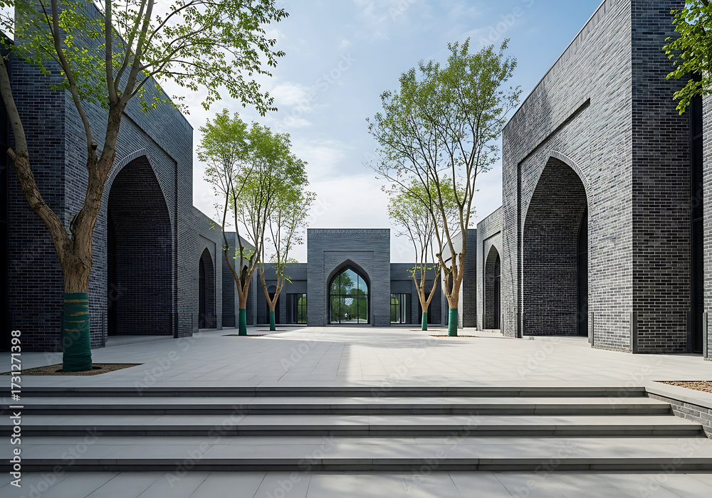 Fototapeta premium Modern Islamic Architecture Courtyard with Arches and Trees