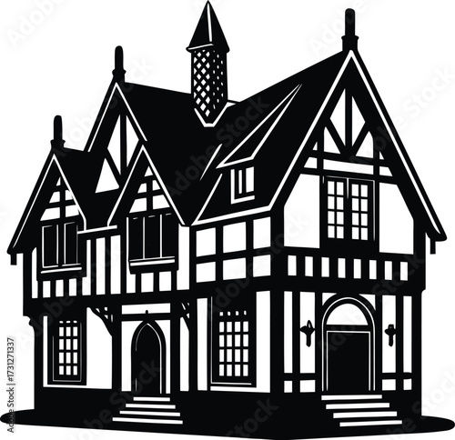 Silhouette of a tudor style house the house is black and white, and it has a lot of windows and a tower on the roof