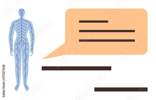 Human body outlined with detailed nervous system next to orange speech bubble. Ideal for health, anatomy, communication, education, neurology, healthcare, medical discussions. Simple flat metaphor