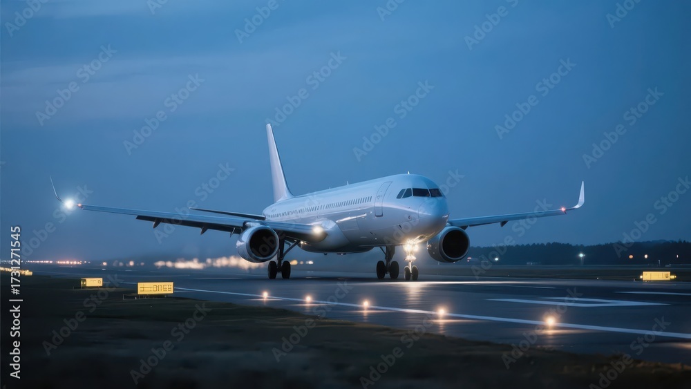 Obraz premium At night, the plane is landing on the runway, with lights interweaving with the night, showing a dynamic moment of air transportation.