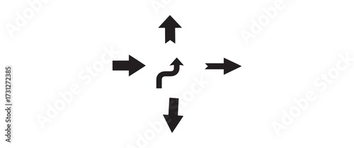 Directional arrows in various directions symbolize choice navigation and strategic planning for business success on white background