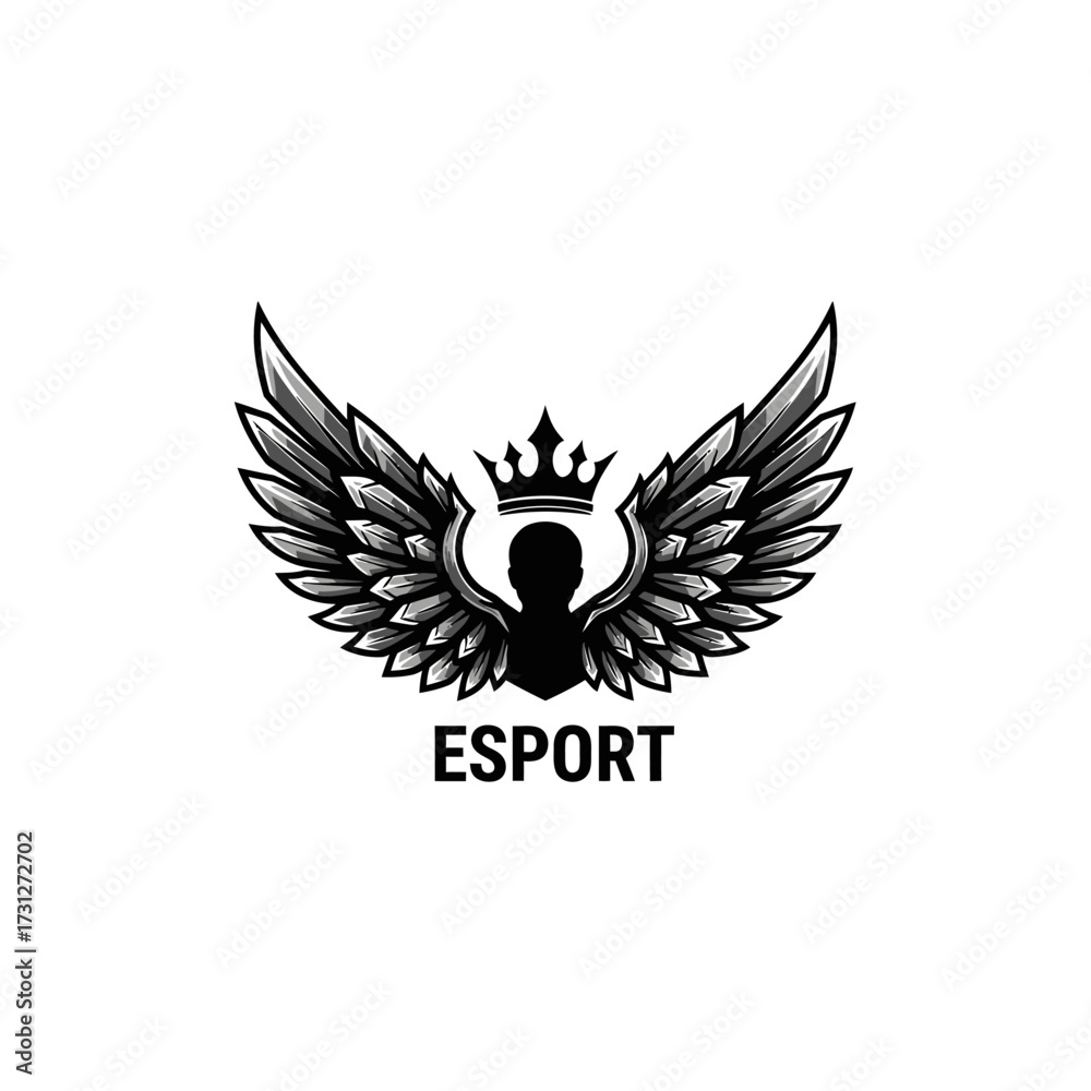 Fototapeta premium Esport Logo Featuring a Crowned Figure with Detailed Wings in Black and White
