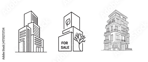 Modern urban architecture featuring a sustainable real estate concept with residential homes and buildings line art