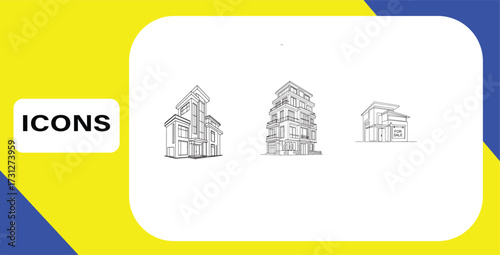 Set of house building illustrations on a decorative white and yellow blue background concept
