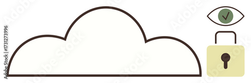 Cloud outline with a privacy-focused lock and an eye featuring a privacy checkmark. Ideal for technology, cybersecurity, privacy, encryption, data protection, cloud solutions, simple flat metaphor