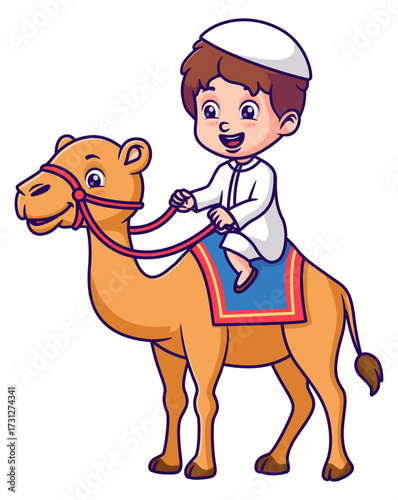 Boy riding a cartoon camel with saddle, suitable for childrens books, travel blogs, and educational materials about desert animals and transportation.