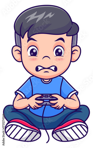 Cute Cartoon boy playing video games, suitable for gaming and technology concepts. Youth entertainment, competitive gaming, focused player, excitement.
