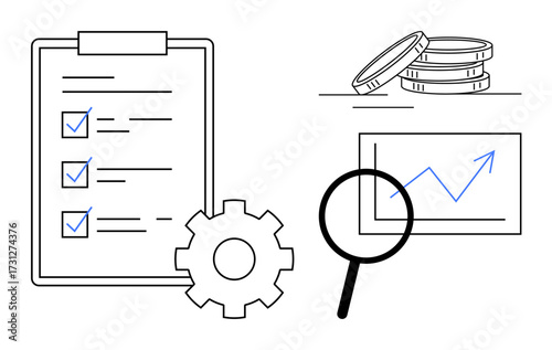 Clipboard with checklist, gear for processes, stacked coins for finance, magnifying glass analyzing chart growth. Ideal for business, workflow, productivity, finance, analysis strategy