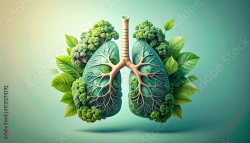 Lungs entwined with lush greenery, a vibrant, symbolic image