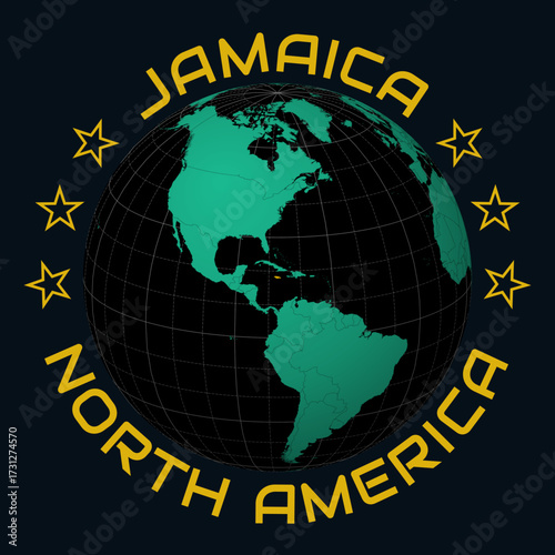 Jamaica on Globe. Round country and continent name text. Country view on world map in Black Emerald color palette. Jamaica shape on map. Artistic vector illustration.