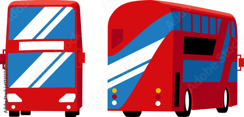 Modern double-decker bus illustration in red and blue