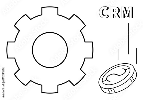 Gear symbol indicating process, CRM text highlighting customer management, coin dropping to represent monetary gain. Ideal for business, marketing, strategy, finance, automation, customer service