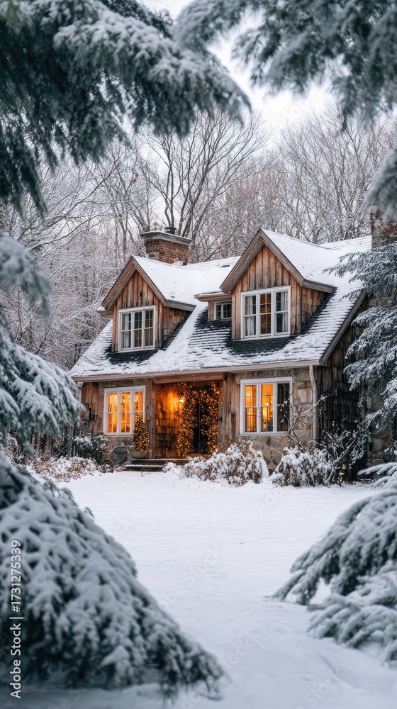 Naklejka premium Snowy winter house with warm lights