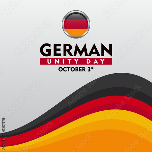 German Unity Day. Celebrated every October 3rd. Design element with waving ribbon flag. Suitable for banner, poster, greeting card, social media