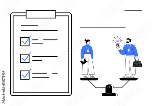 A clipboard with checklist, two professionals balancing on a scale with light bulb, note, and briefcase. Ideal for teamwork, equality, decision-making, idea generation, leadership work-life balance