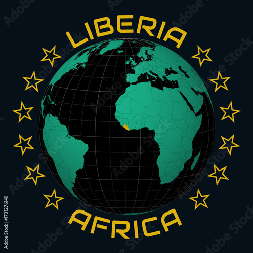 Republic of Liberia on Globe. Round country and continent name text. Country view on world map in Black Emerald color palette. Liberia shape on map. Classic vector illustration.