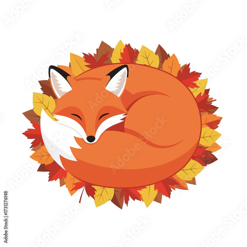 Sleeping Fox Curled Up in Autumn Leaves