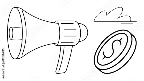 Megaphone positioned near a dollar coin and abstract clouds, symbolizing communication, marketing, and financial growth. Ideal for advertising, branding, PR, revenue sales business strategy. Clean