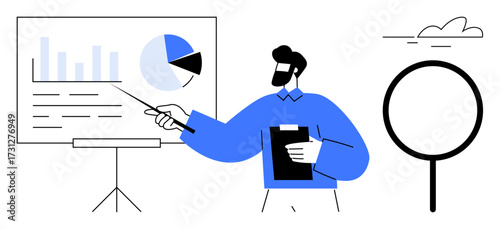 Business professional analyzing bar and pie charts on a flip chart stand while holding a clipboard. Ideal for education, teamwork, business strategy, analysis, project planning, consultancy, simple