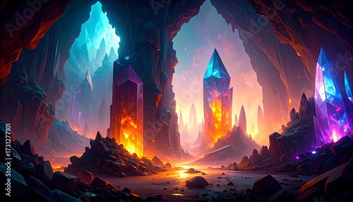 Crystalline cave, vibrant colors, rocky landscape