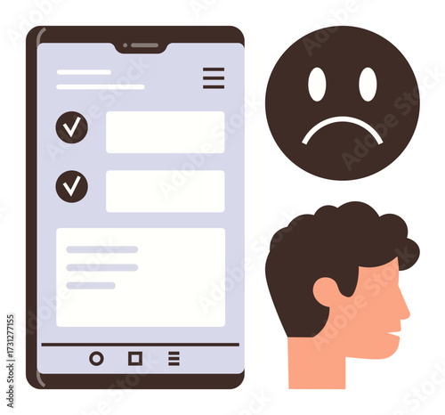 Smartphone app interface displaying tasks with checkmarks, sad face emoticon, user profile. Ideal for productivity, usability, interface critique, mood analysis, technology, feedback workflow