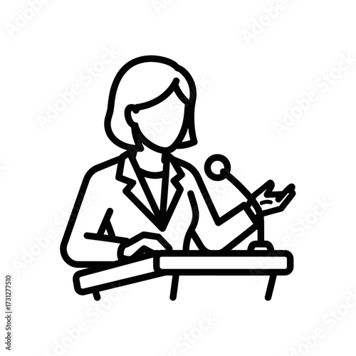 Woman Giving Speech at Podium with Microphone Outline Icon