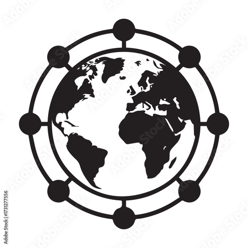 Minimalist Globe Icon: A Striking Black and White Depiction of Earth's Continents and Meridians